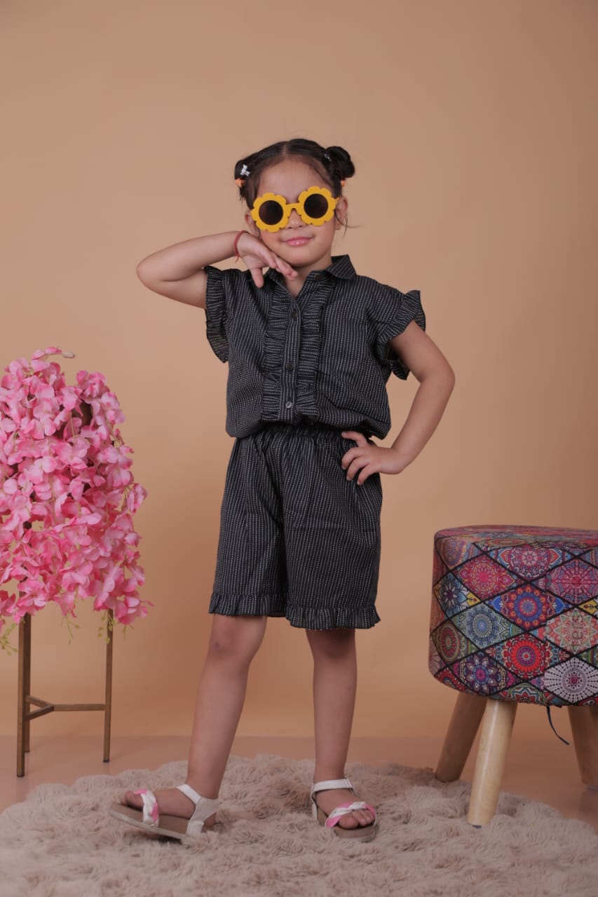 Unbind Girls Black Cotton Co-Ord Set – Shirt & Shorts Combo