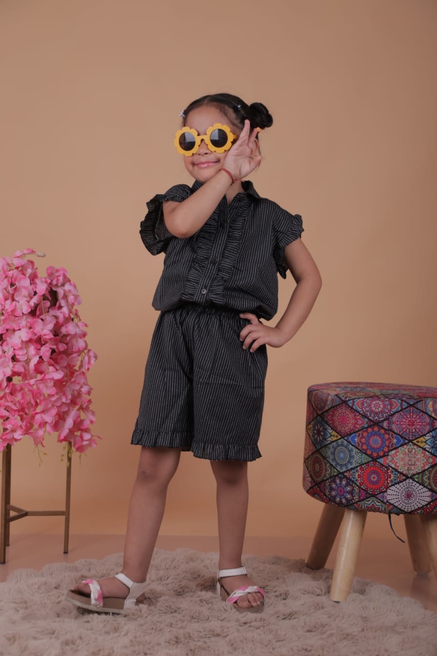 Unbind Girls Black Cotton Co-Ord Set – Shirt & Shorts Combo
