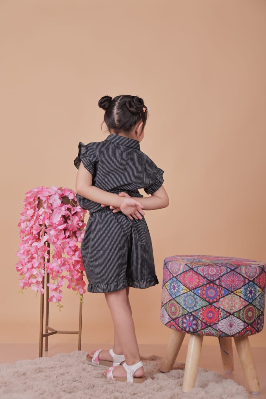 Unbind Girls Black Cotton Co-Ord Set – Shirt & Shorts Combo