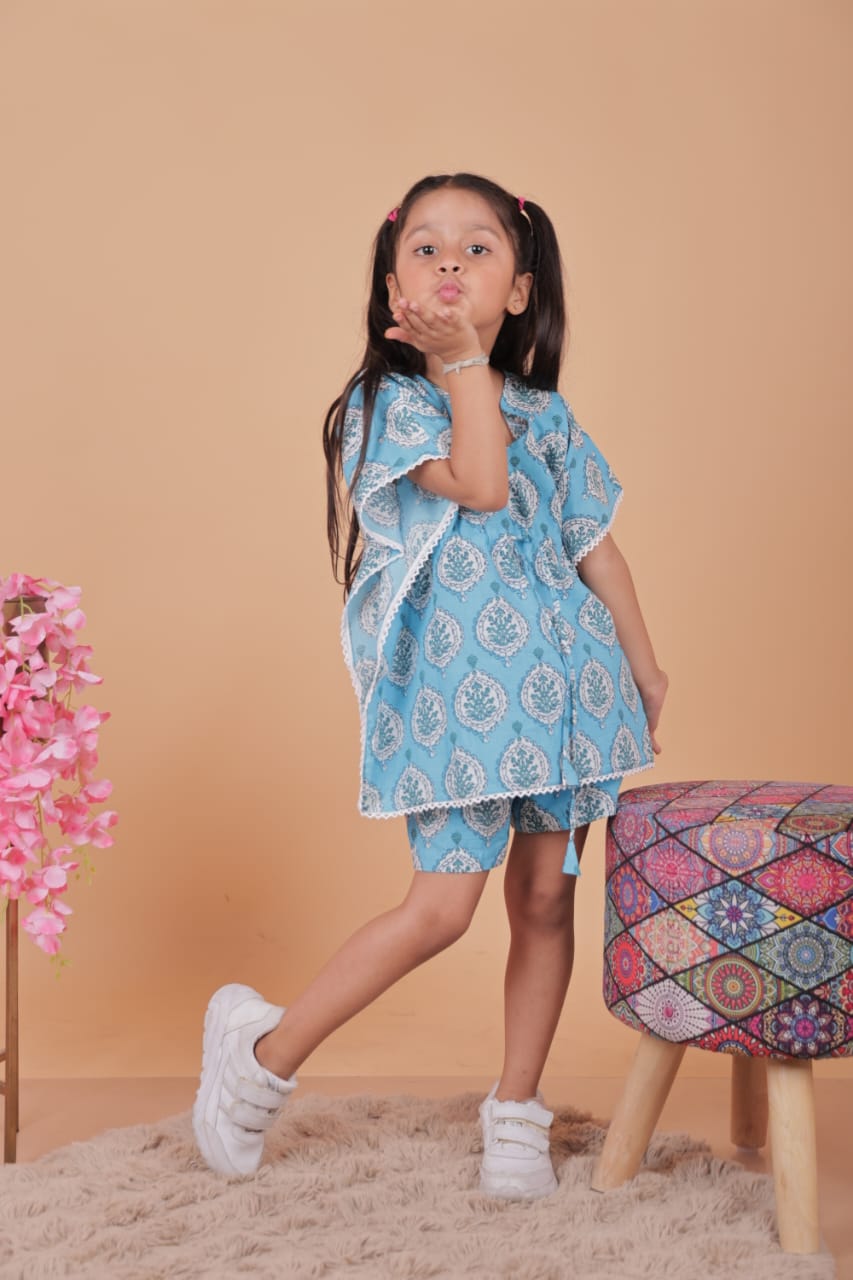Unbind Kids Girls Summer Cotton Co-Ord Set – Sky Blue Kaftan
