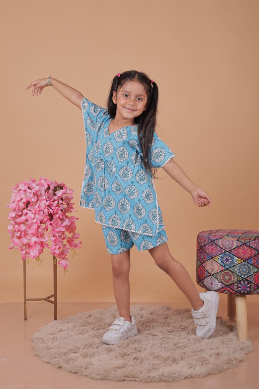 Unbind Kids Girls Summer Cotton Co-Ord Set – Sky Blue Kaftan