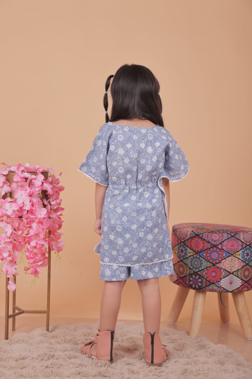 Printed Cotton Kaftan & Shorts Set – Blue Floral | for Kids