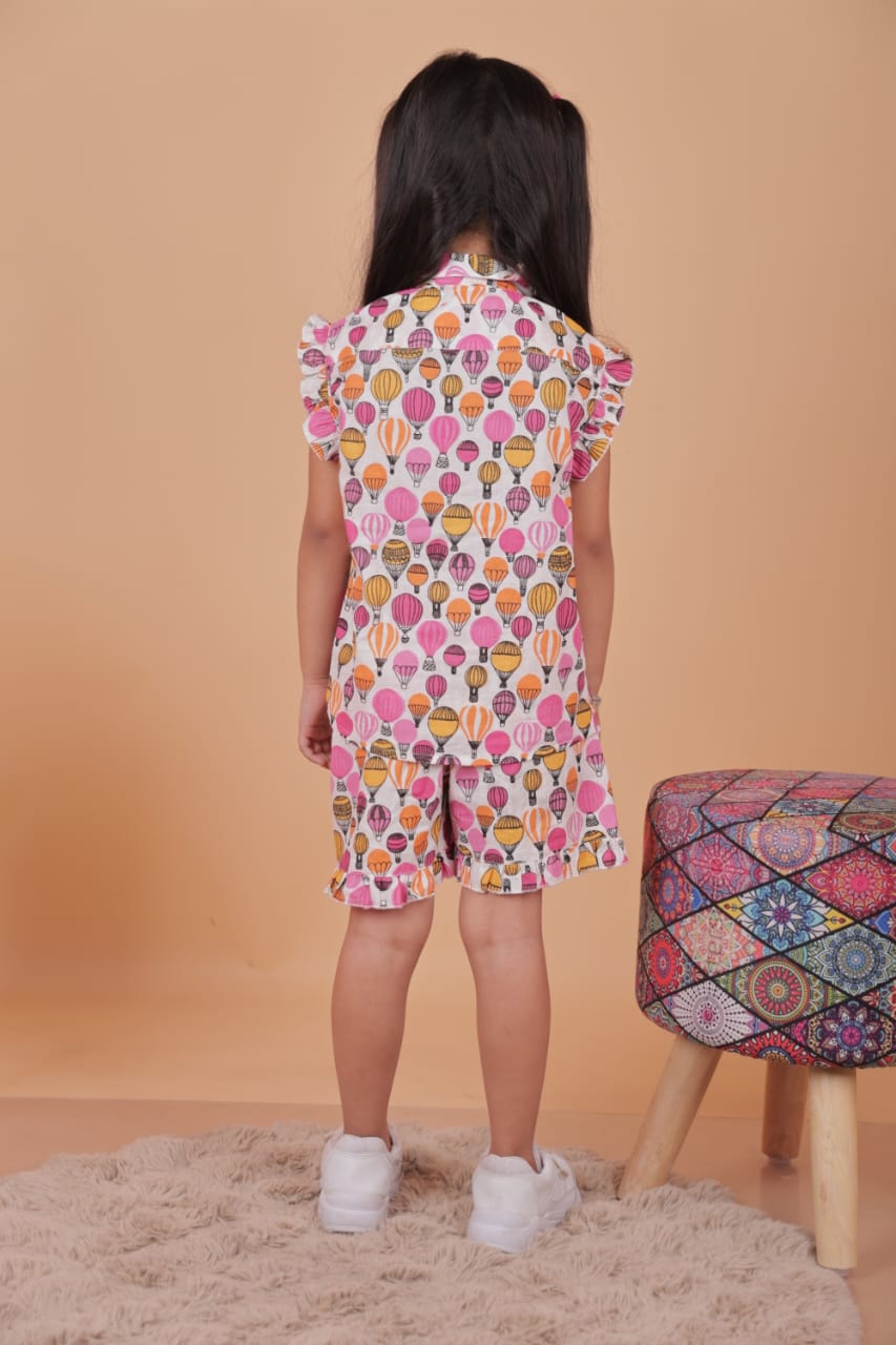 Printed Cotton Girls Set – Balloon Theme Top & Shorts