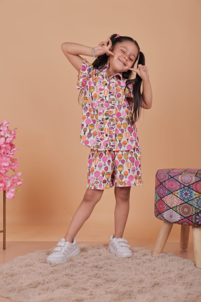 Printed Cotton Girls Set – Balloon Theme Top & Shorts