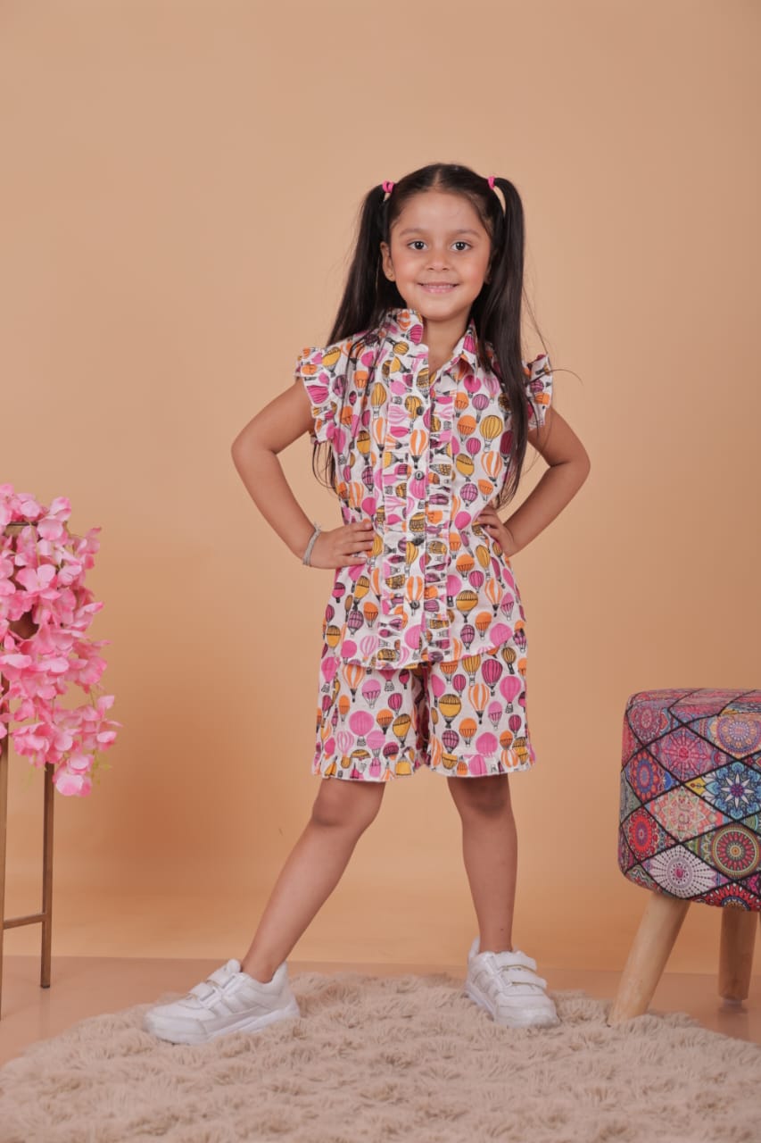 Printed Cotton Girls Set – Balloon Theme Top & Shorts