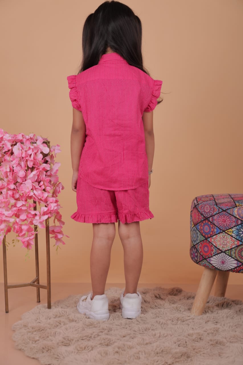 Girls Pink Ruffled Co-Ord Set – Shirt & Shorts | Unbind