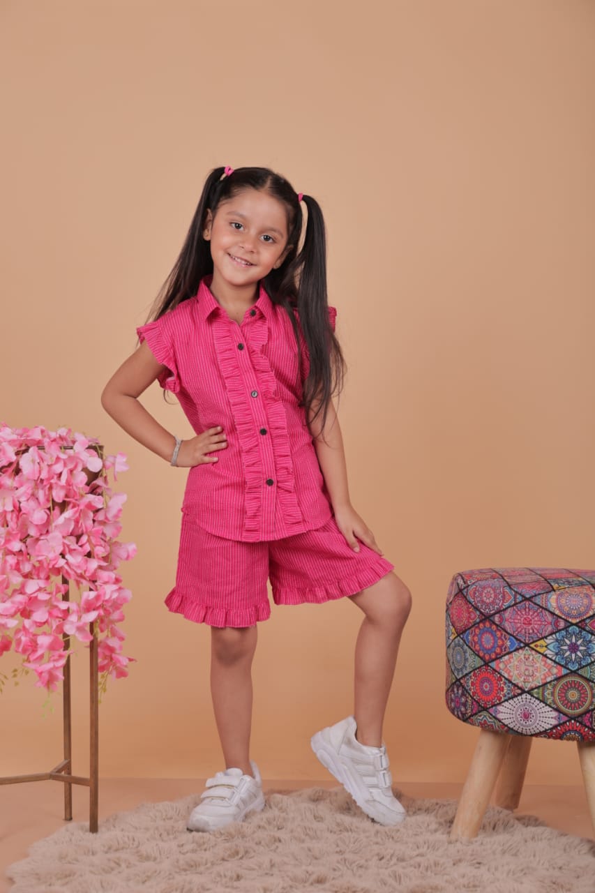 Girls Pink Ruffled Co-Ord Set – Shirt & Shorts | Unbind