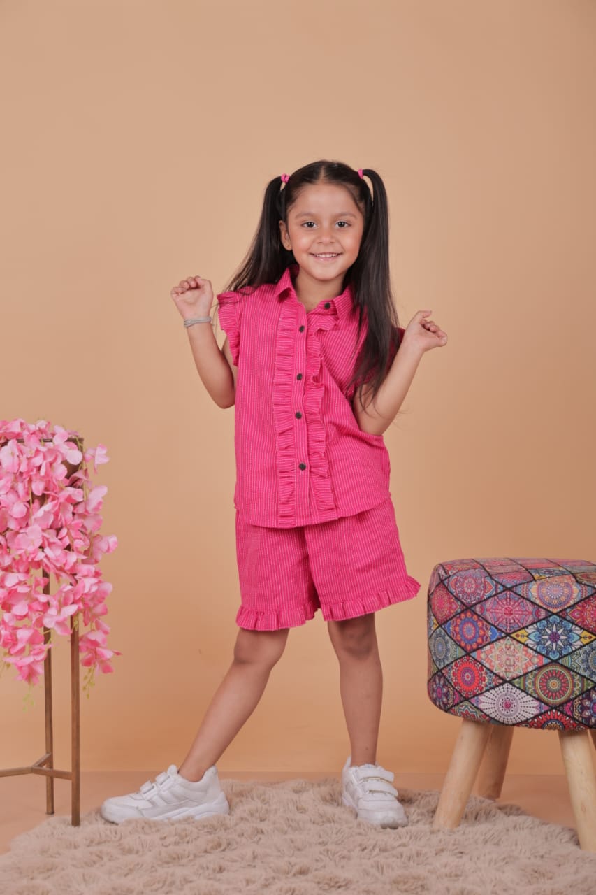 Girls Pink Ruffled Co-Ord Set – Shirt & Shorts | Unbind