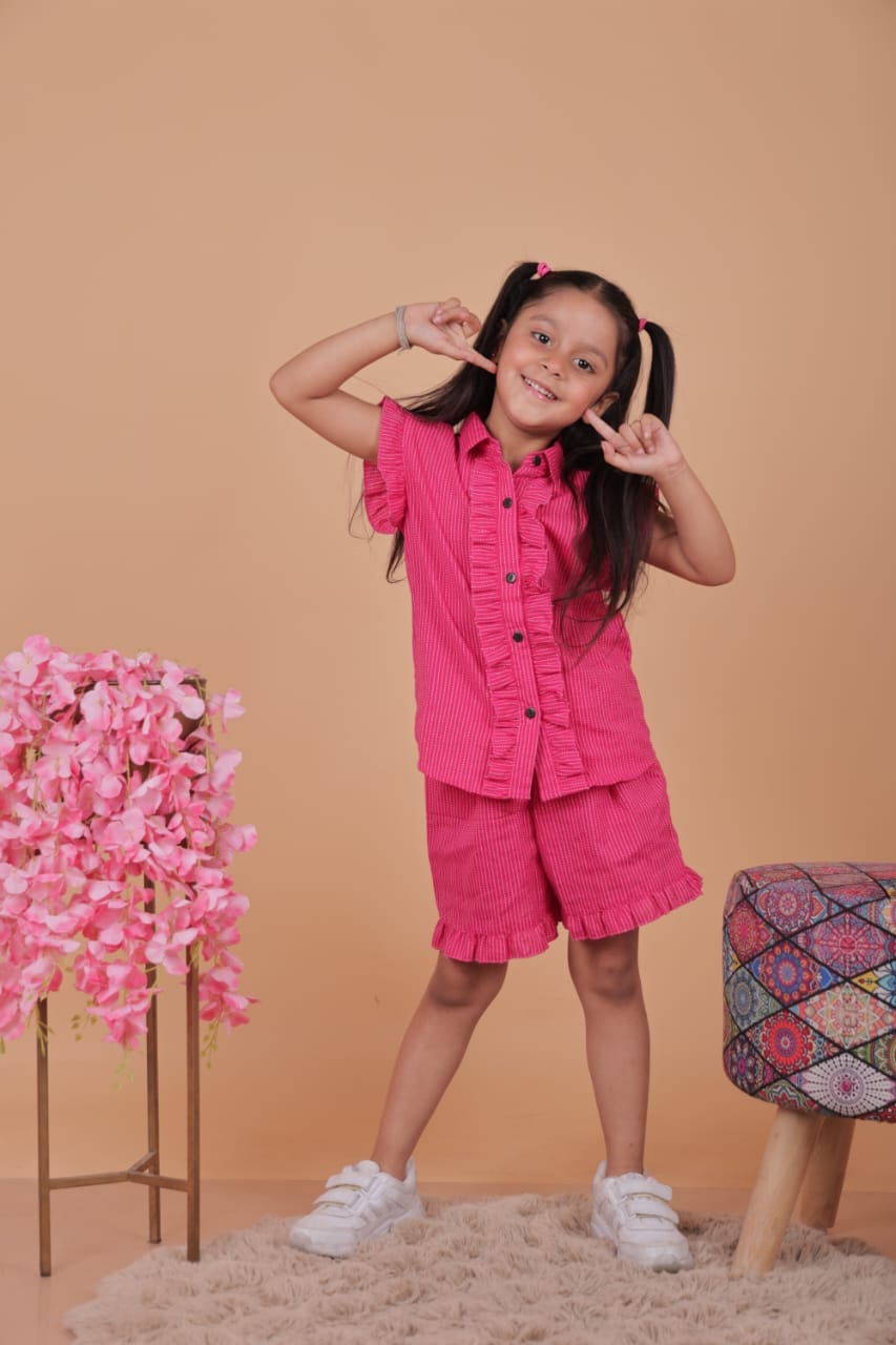 Girls Pink Ruffled Co-Ord Set – Shirt & Shorts | Unbind