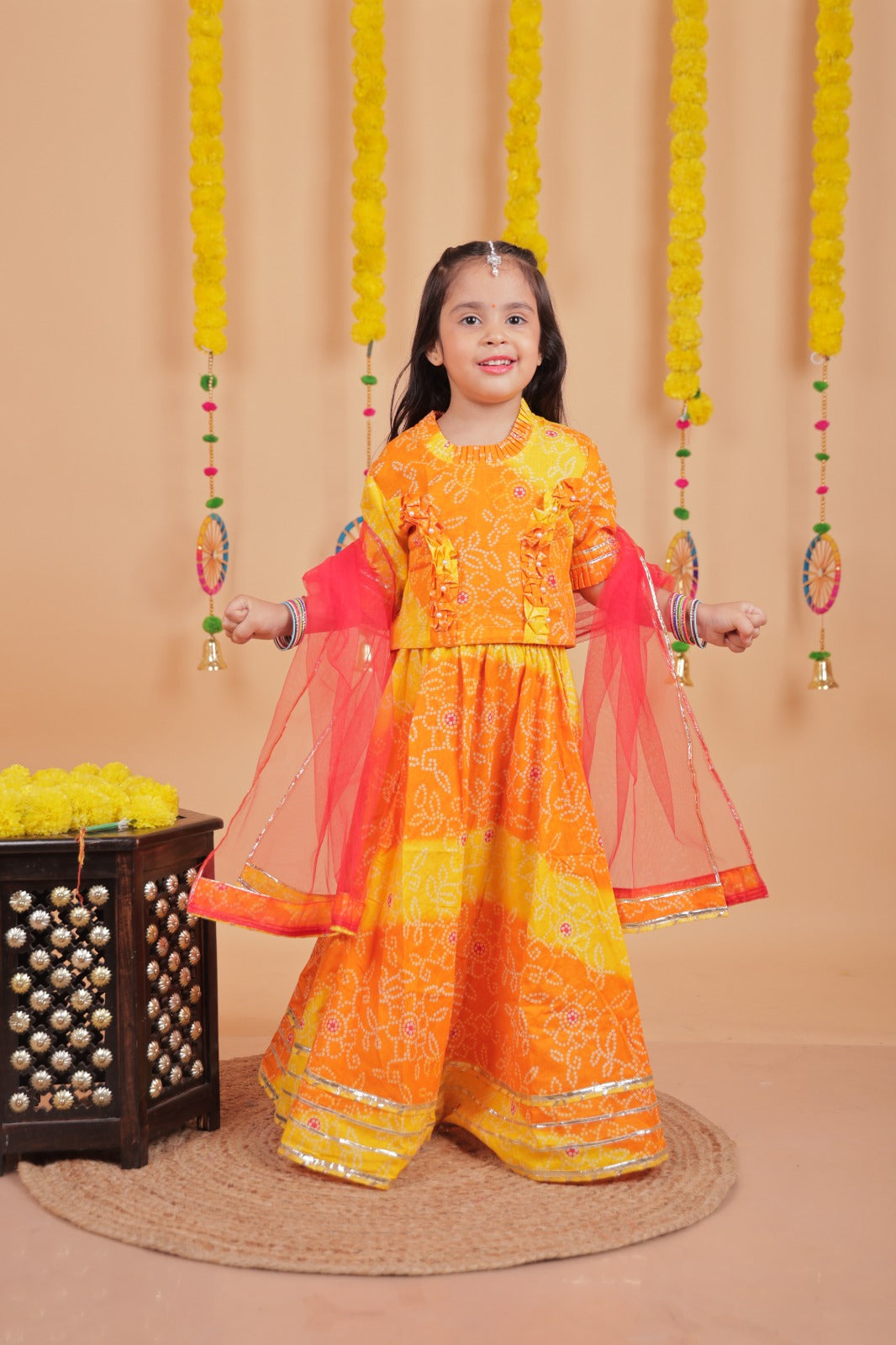 Kids Girls Bandhani Lehenga Choli Set in Orange & Yellow