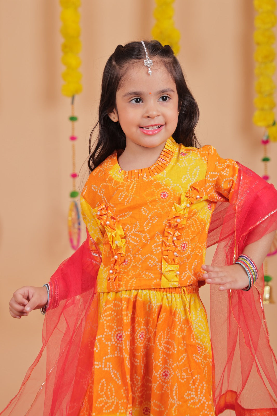 Kids Girls Bandhani Lehenga Choli Set in Orange & Yellow