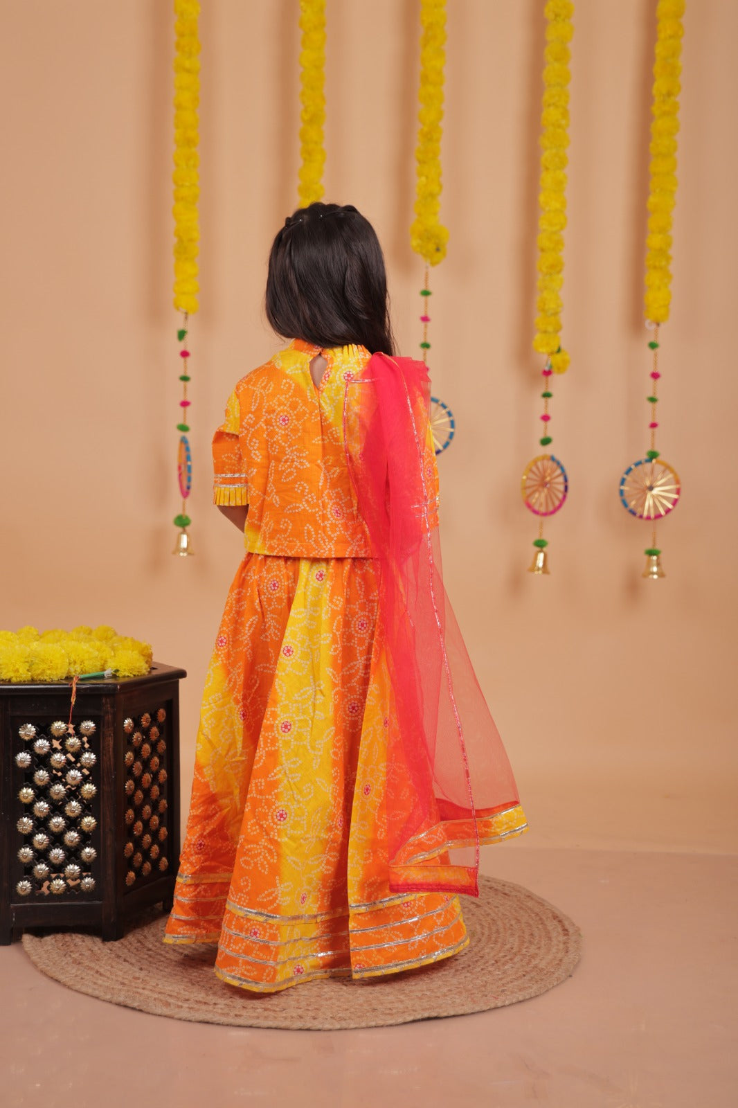 Kids Girls Bandhani Lehenga Choli Set in Orange & Yellow