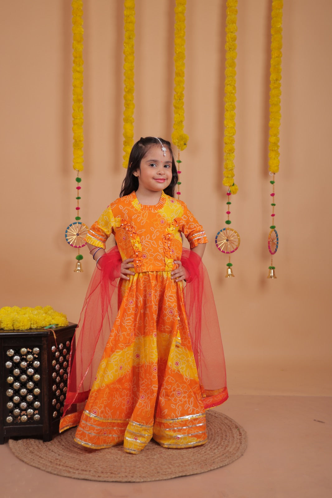 Kids Girls Bandhani Lehenga Choli Set in Orange & Yellow