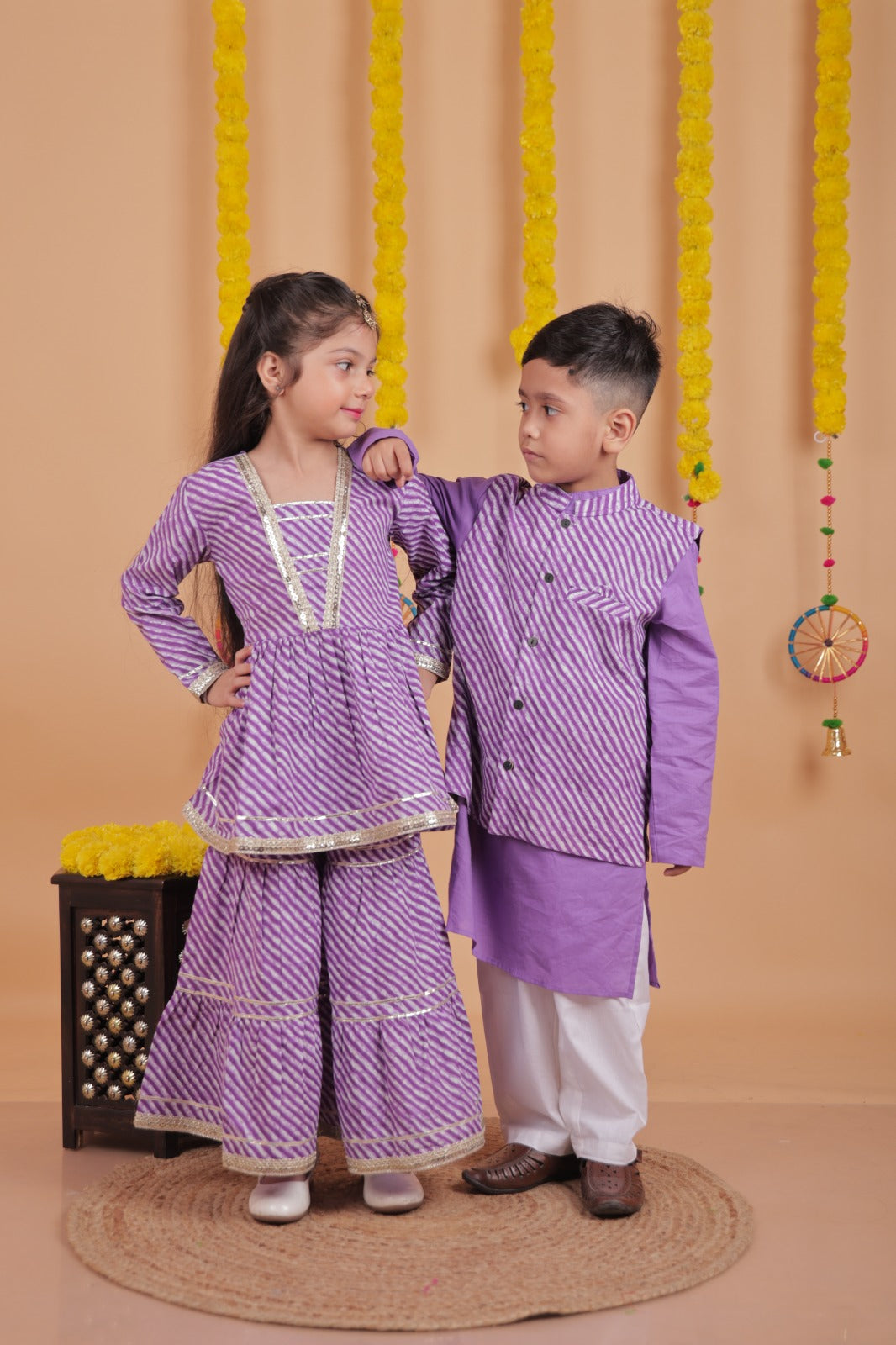 Unbind Kids Sibling Ethnic Set – Purple Printed Sharara Suit for Girls & Kurta Pajama Jacket Set for Boys
