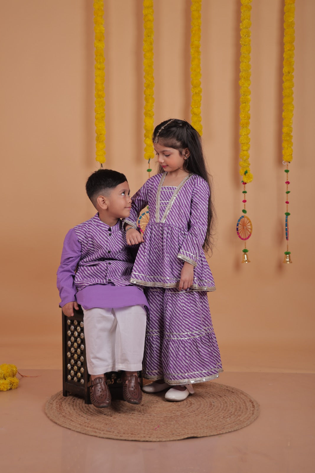 Unbind Kids Sibling Ethnic Set – Purple Printed Sharara Suit for Girls & Kurta Pajama Jacket Set for Boys