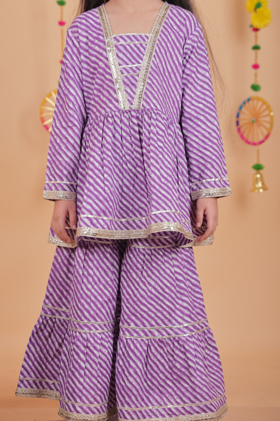 Girls Purple Bandhani Flared Kurti with Sharara Set