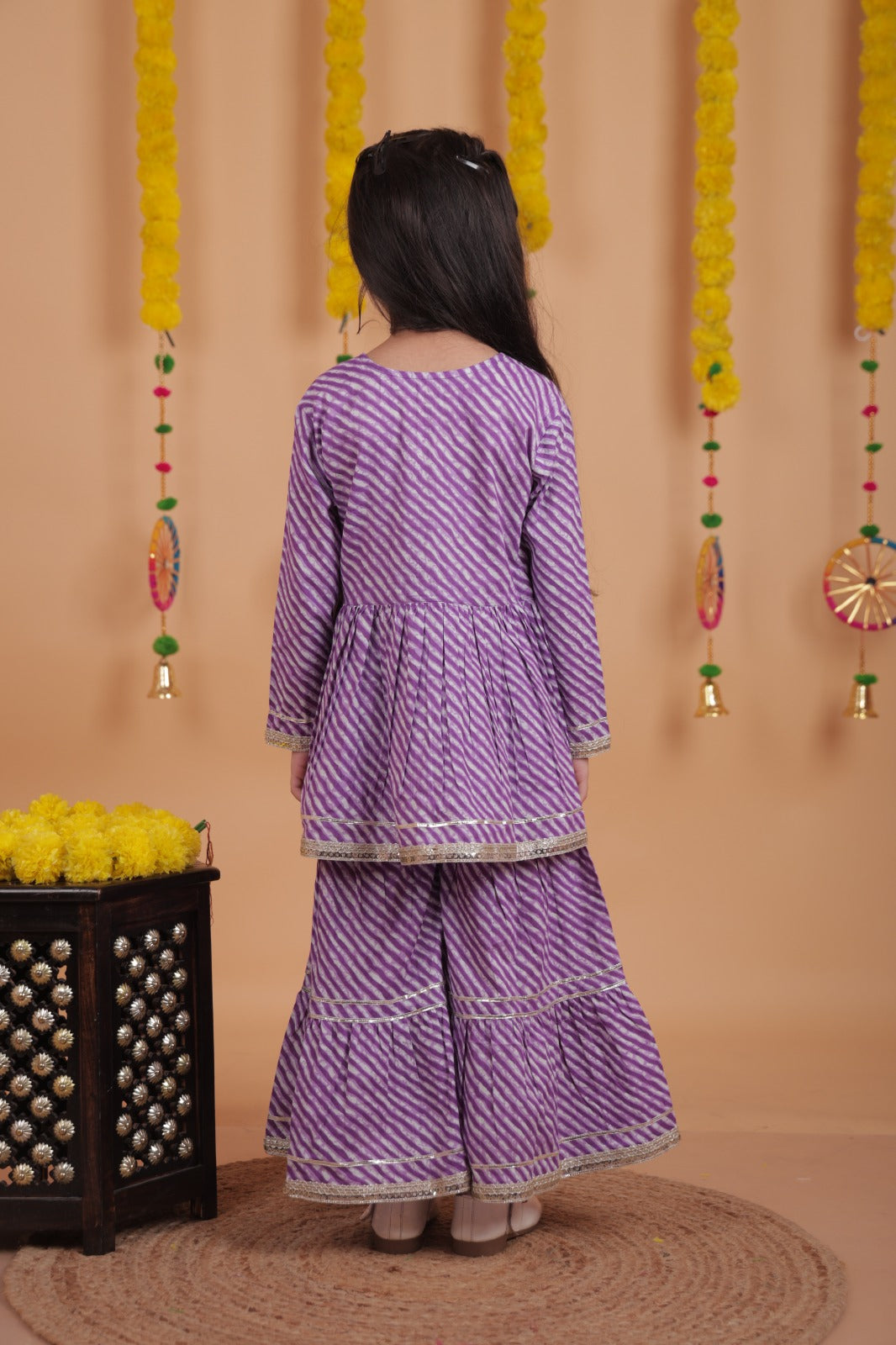 Girls Purple Bandhani Flared Kurti with Sharara Set