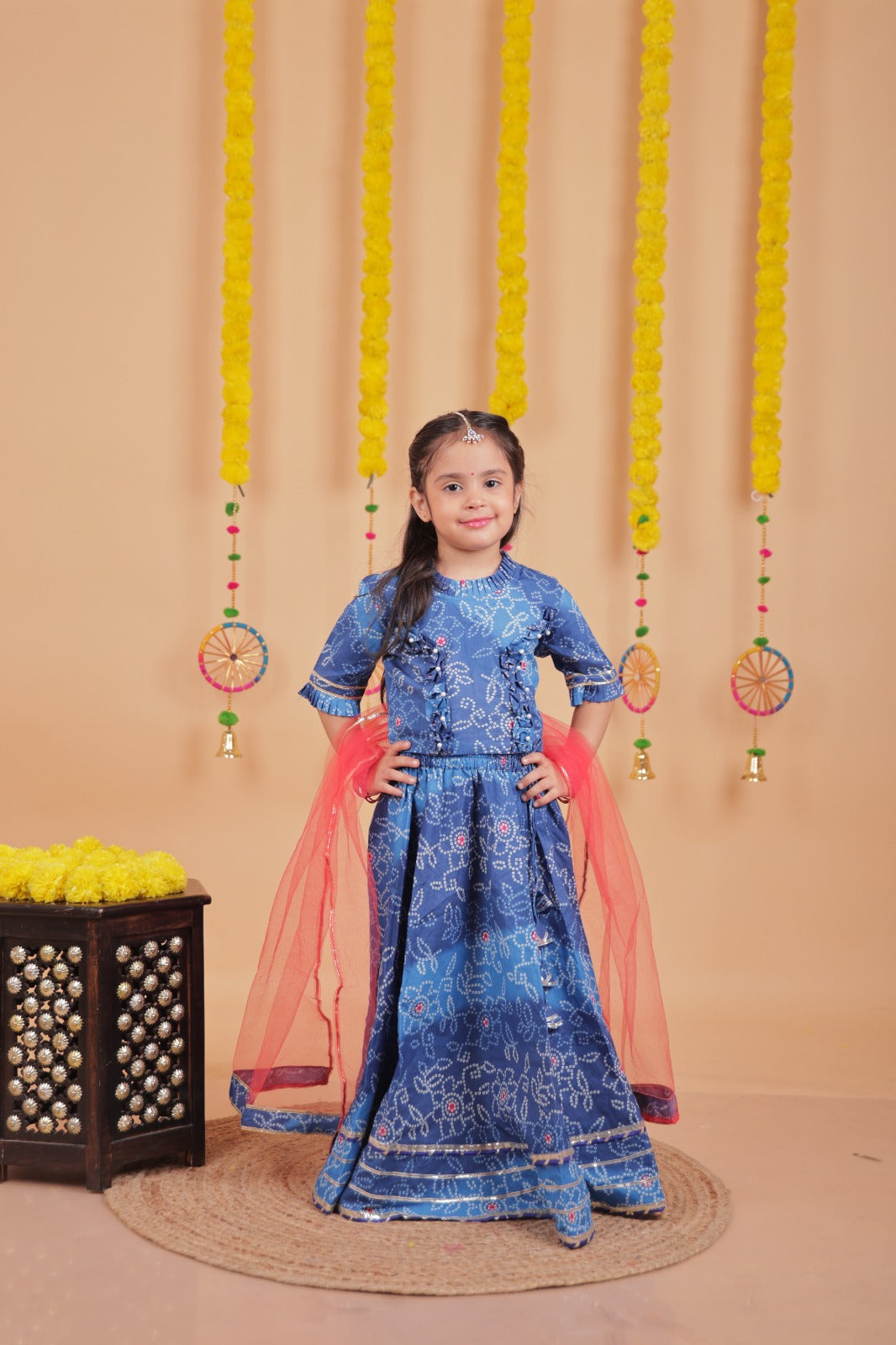 Girls Blue Bandhani Lehenga Choli with Dupatta – Unbind Ethnic Set