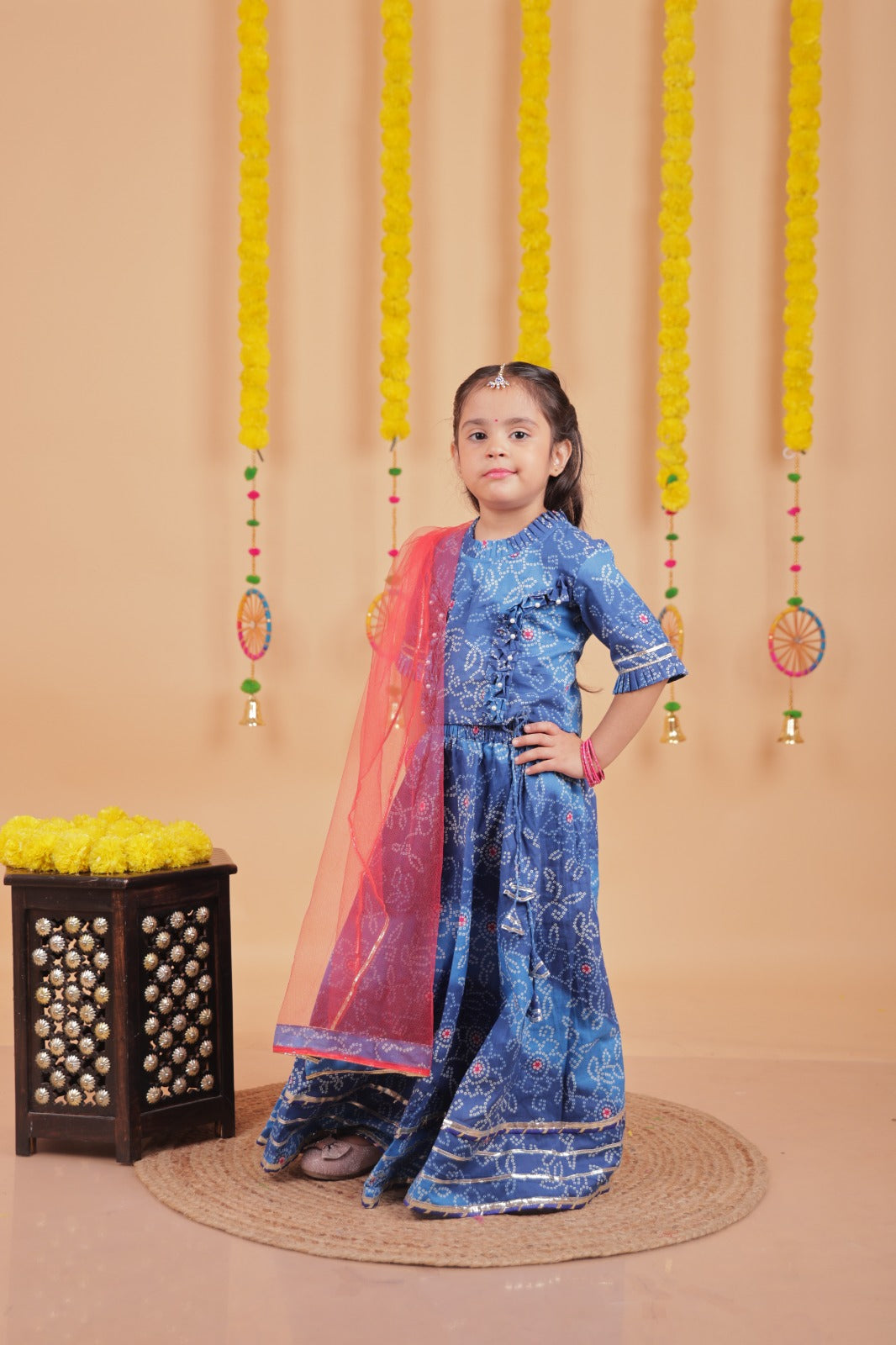 Girls Blue Bandhani Lehenga Choli with Dupatta – Unbind Ethnic Set