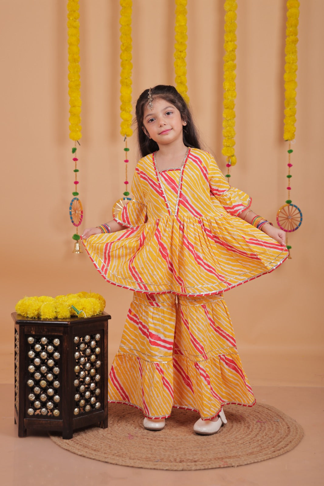 Bandhani Printed Stylish Top and Sharara Set – Girls Wear