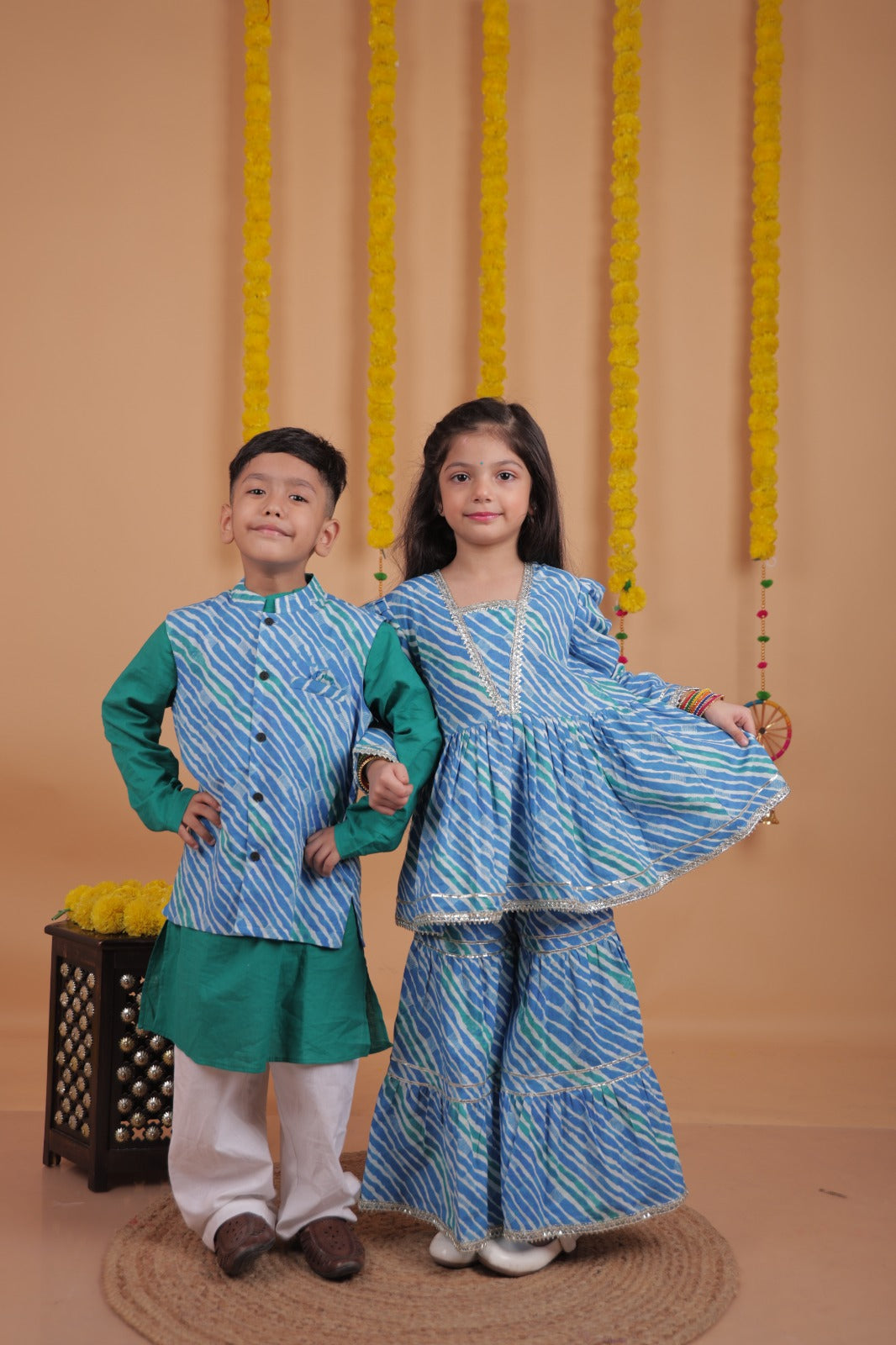Festive Sibling Ethnic Set for Boys & Girls – Cotton Kurta Pajama and Printed Sharara Co-ord Set