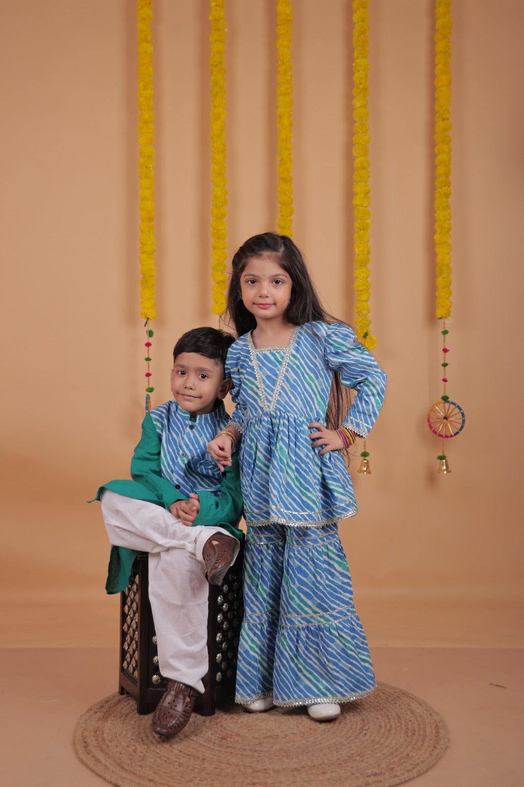 Festive Sibling Ethnic Set for Boys & Girls – Cotton Kurta Pajama and Printed Sharara Co-ord Set