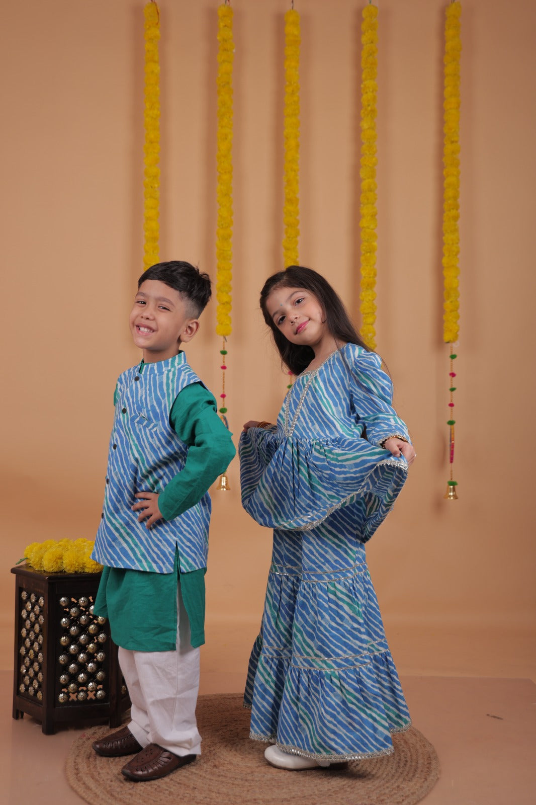 Festive Sibling Ethnic Set for Boys & Girls – Cotton Kurta Pajama and Printed Sharara Co-ord Set