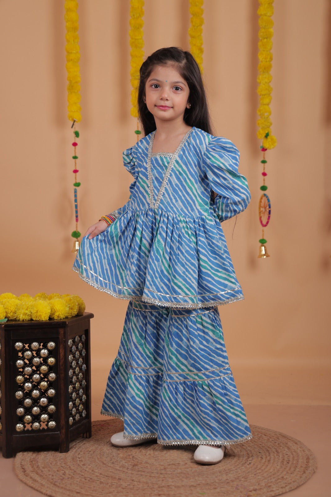 Kids Girls Blue Cotton Printed Sharara Set with Gota Lace