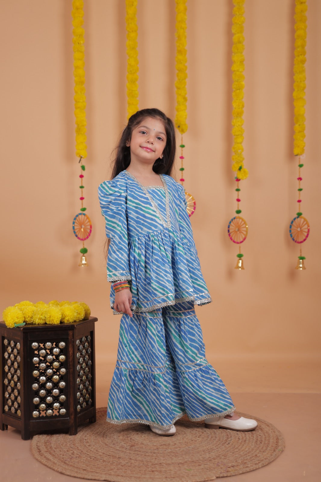Kids Girls Blue Cotton Printed Sharara Set with Gota Lace