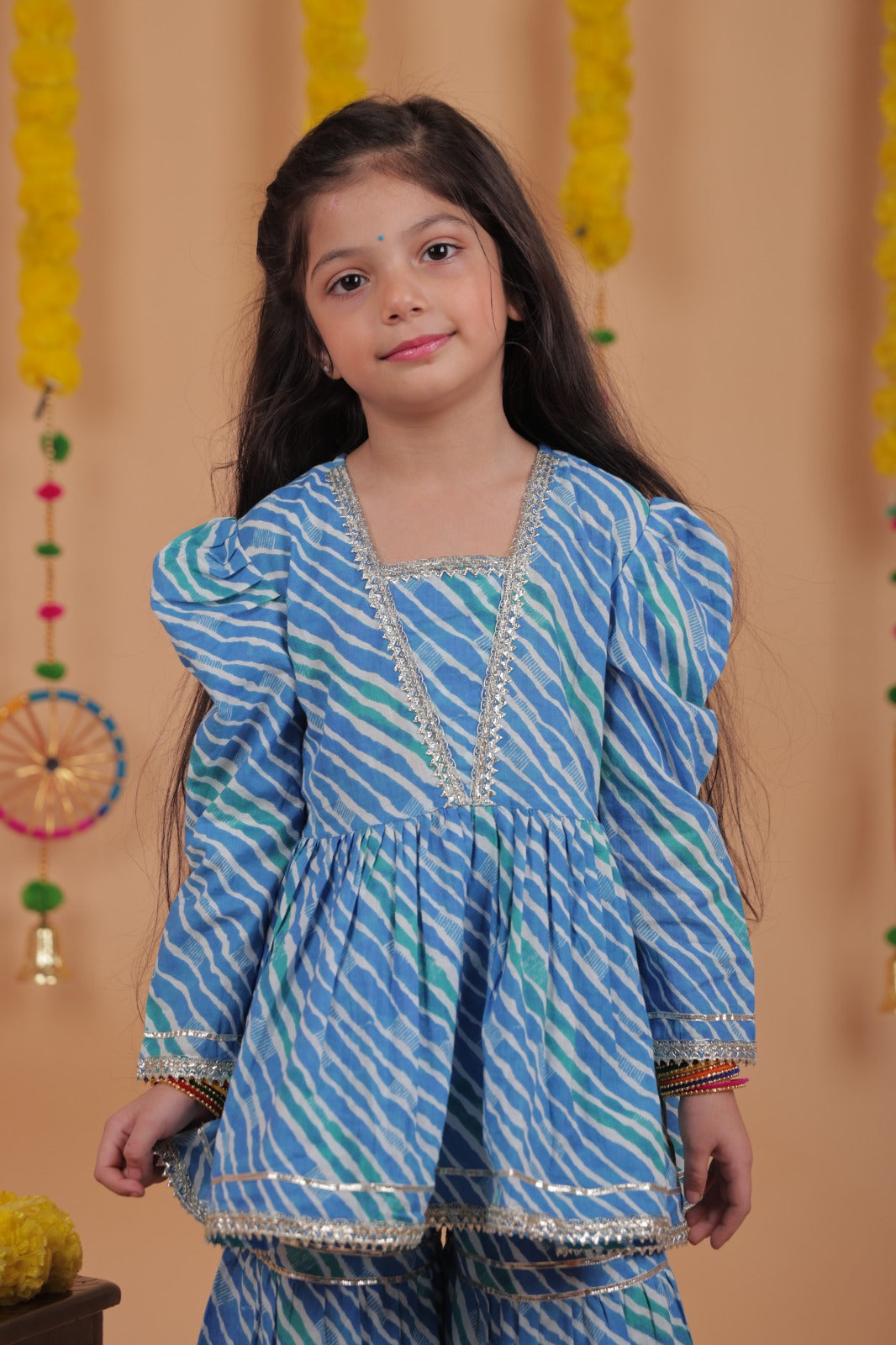 Kids Girls Blue Cotton Printed Sharara Set with Gota Lace