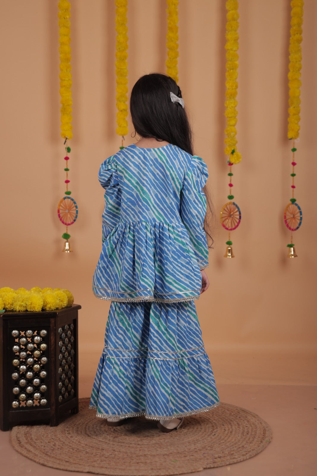 Kids Girls Blue Cotton Printed Sharara Set with Gota Lace