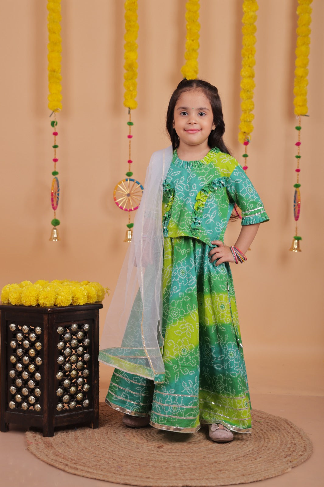 Girls Bandhani Printed Lehenga Choli with Dupatta