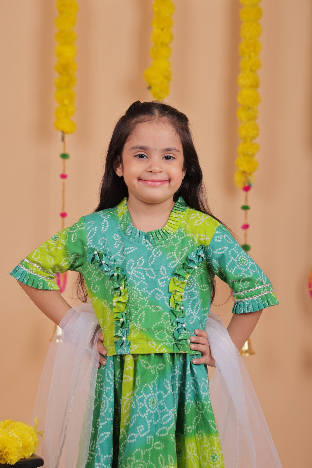 Girls Bandhani Printed Lehenga Choli with Dupatta