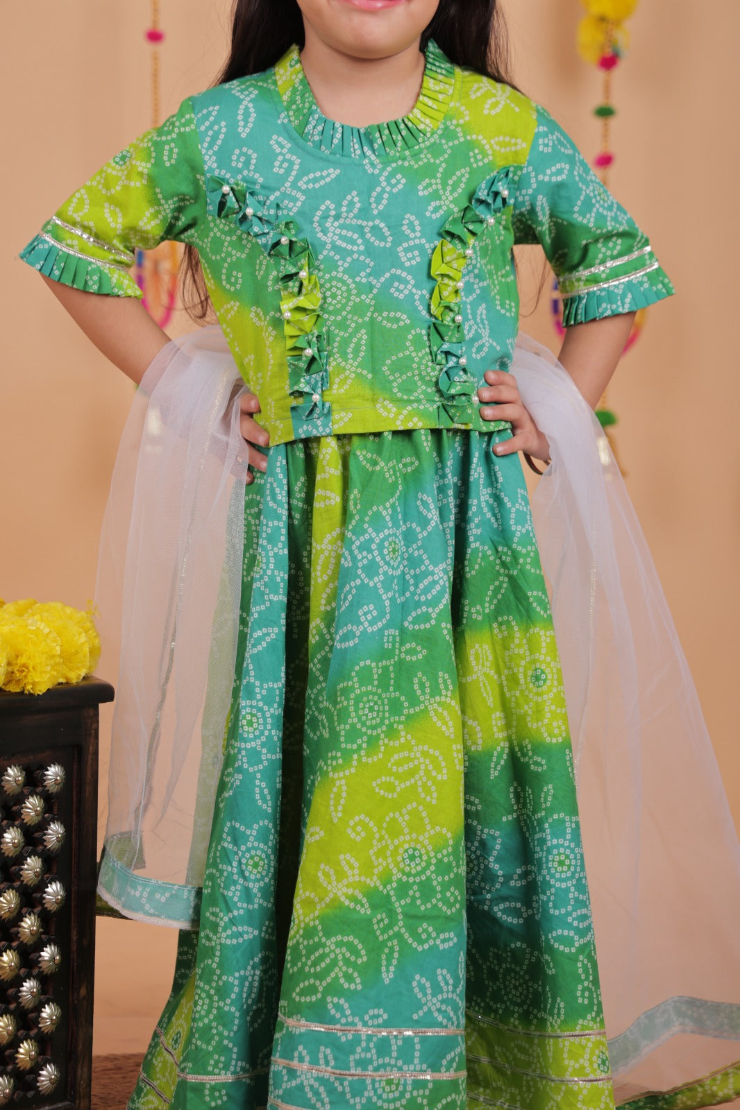 Girls Bandhani Printed Lehenga Choli with Dupatta