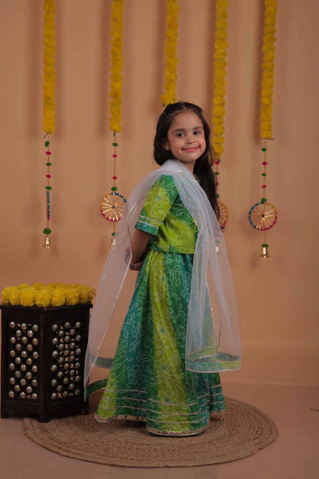 Girls Bandhani Printed Lehenga Choli with Dupatta