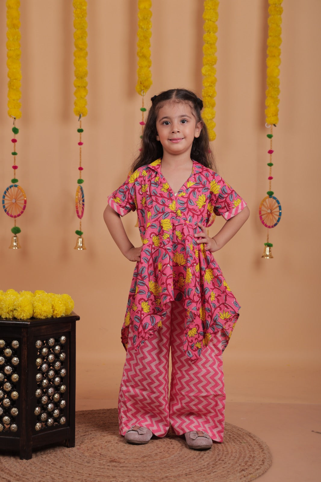 Stylish Girls Pink Floral Co-Ord Set – High-Low Top with Zigzag Printed Trousers