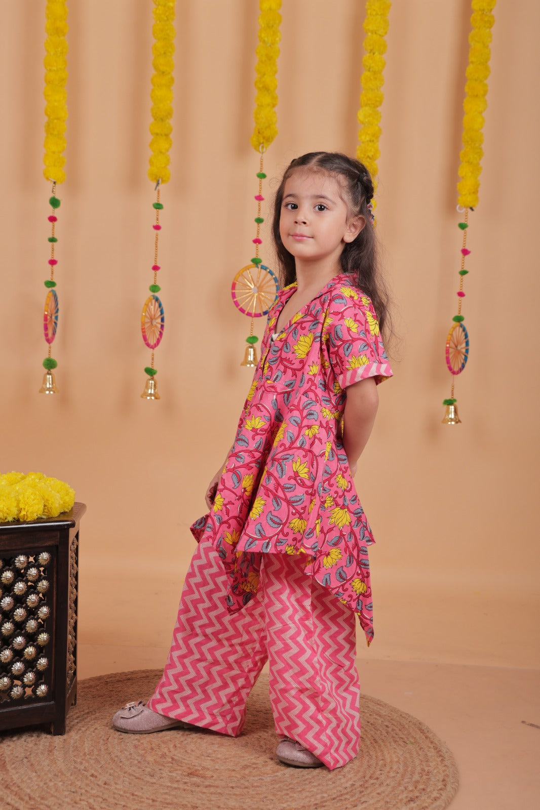 Stylish Girls Pink Floral Co-Ord Set – High-Low Top with Zigzag Printed Trousers