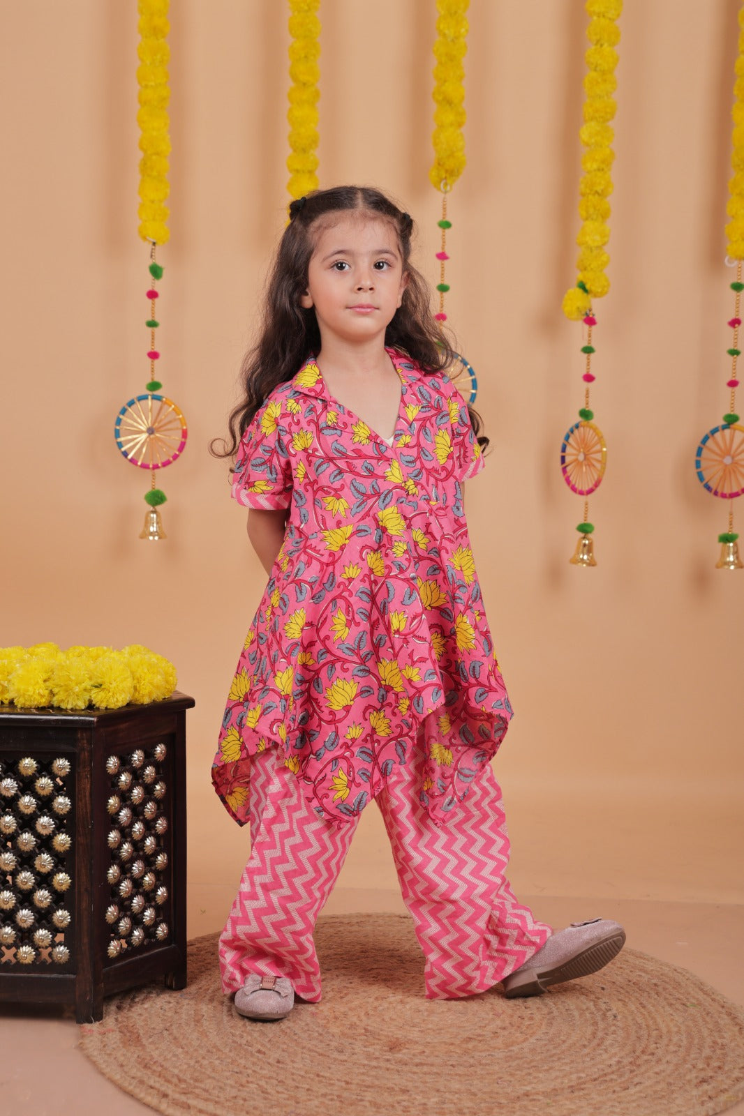 Stylish Girls Pink Floral Co-Ord Set – High-Low Top with Zigzag Printed Trousers