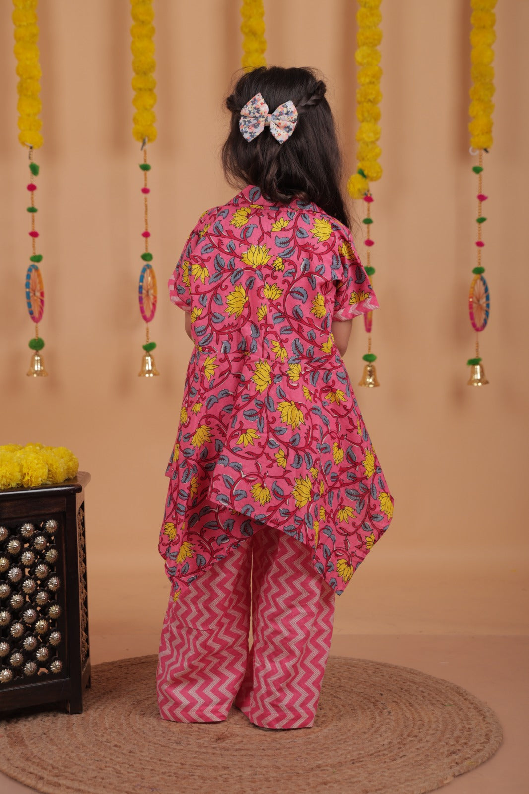 Stylish Girls Pink Floral Co-Ord Set – High-Low Top with Zigzag Printed Trousers