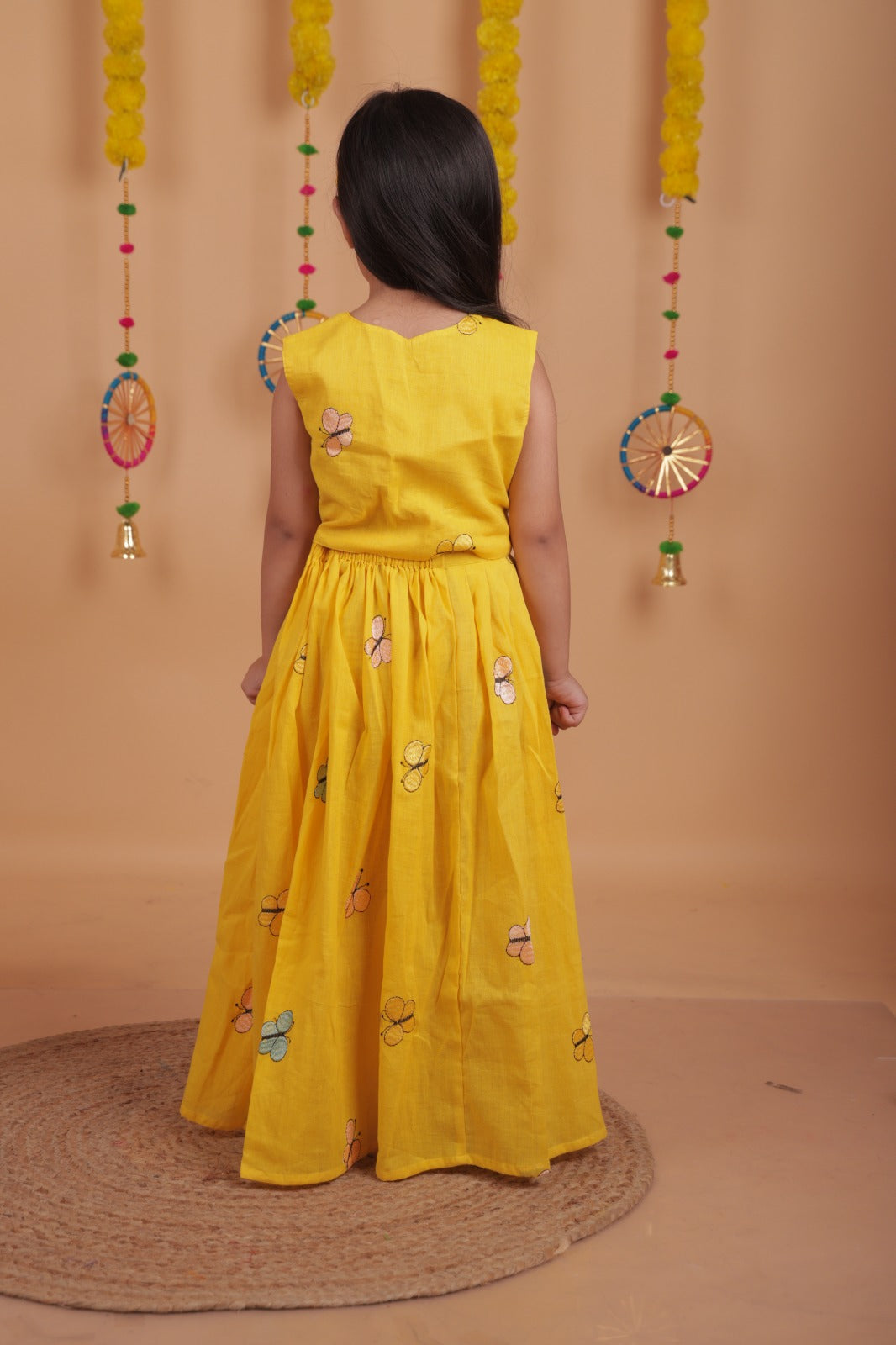 Girls Yellow Butterfly Embroidered Lehenga Choli with Hairband