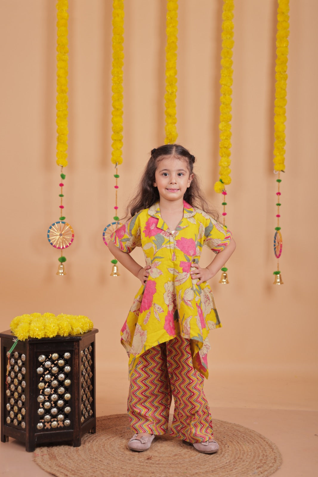Unbind Yellow Floral & Zigzag Print Girls' Co-Ord Set – Festive Wear