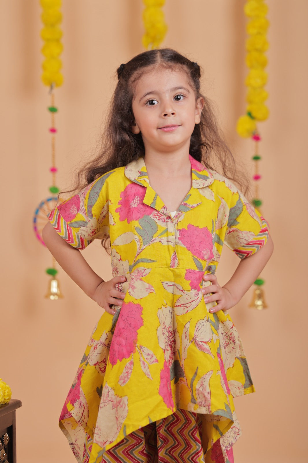 Unbind Yellow Floral & Zigzag Print Girls' Co-Ord Set – Festive Wear