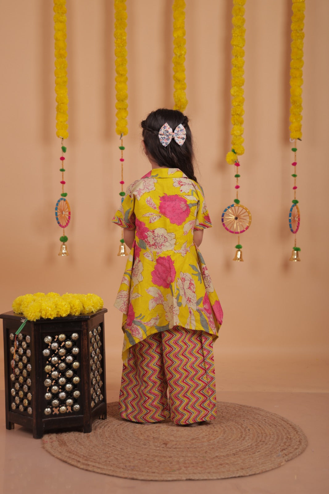 Unbind Yellow Floral & Zigzag Print Girls' Co-Ord Set – Festive Wear