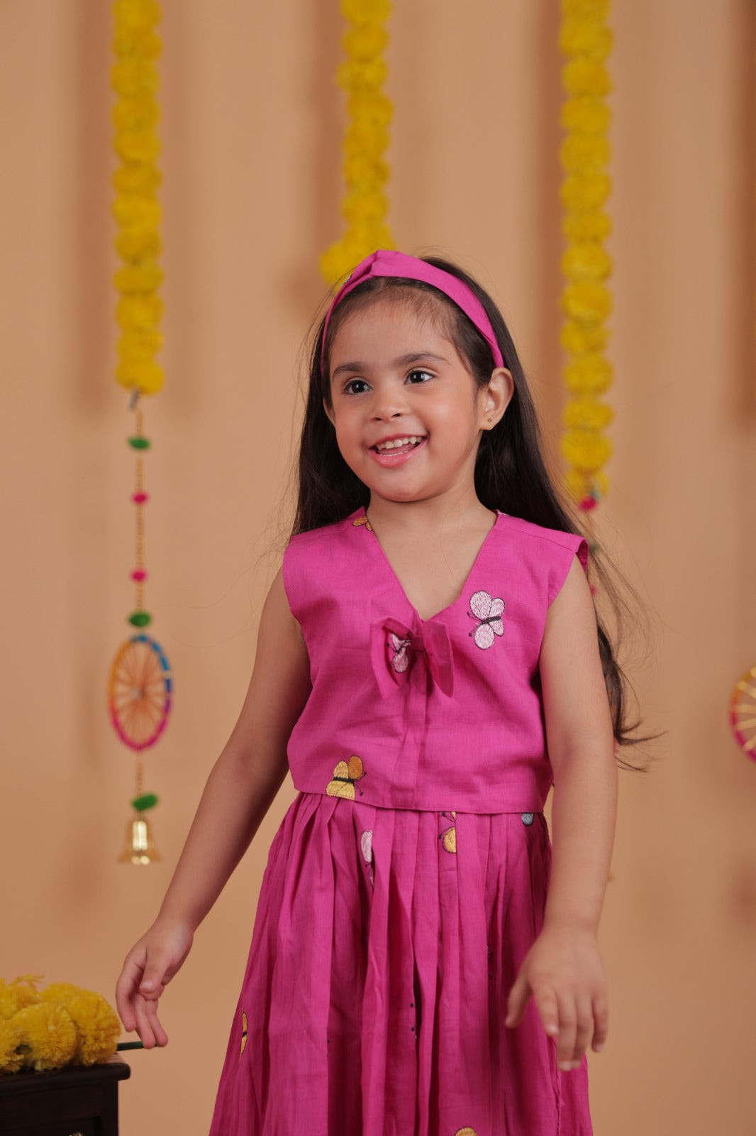 Kids Girls Cotton Sleeveless Embroidered Top & Skirt Set – Bright Pink