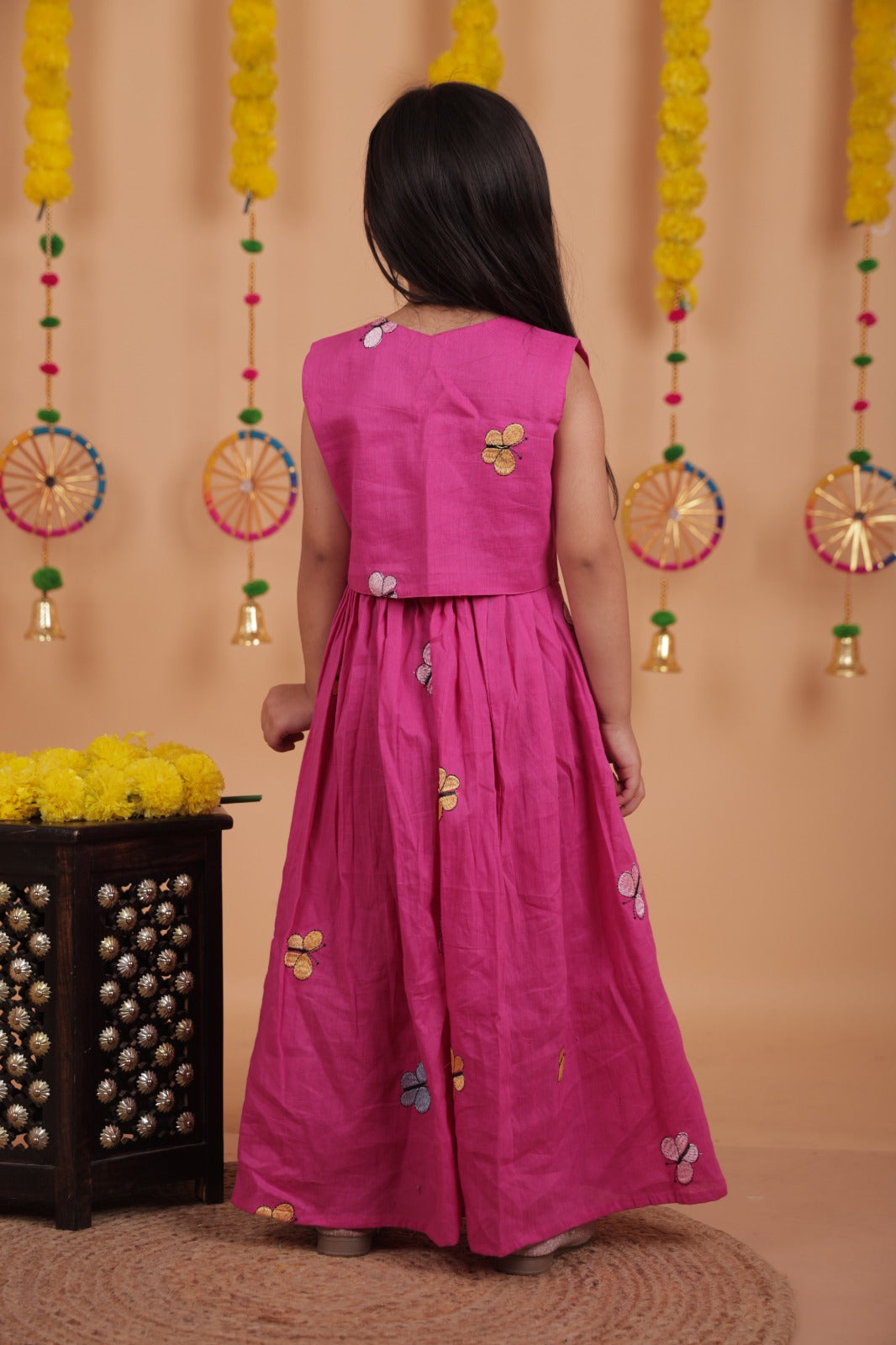 Kids Girls Cotton Sleeveless Embroidered Top & Skirt Set – Bright Pink