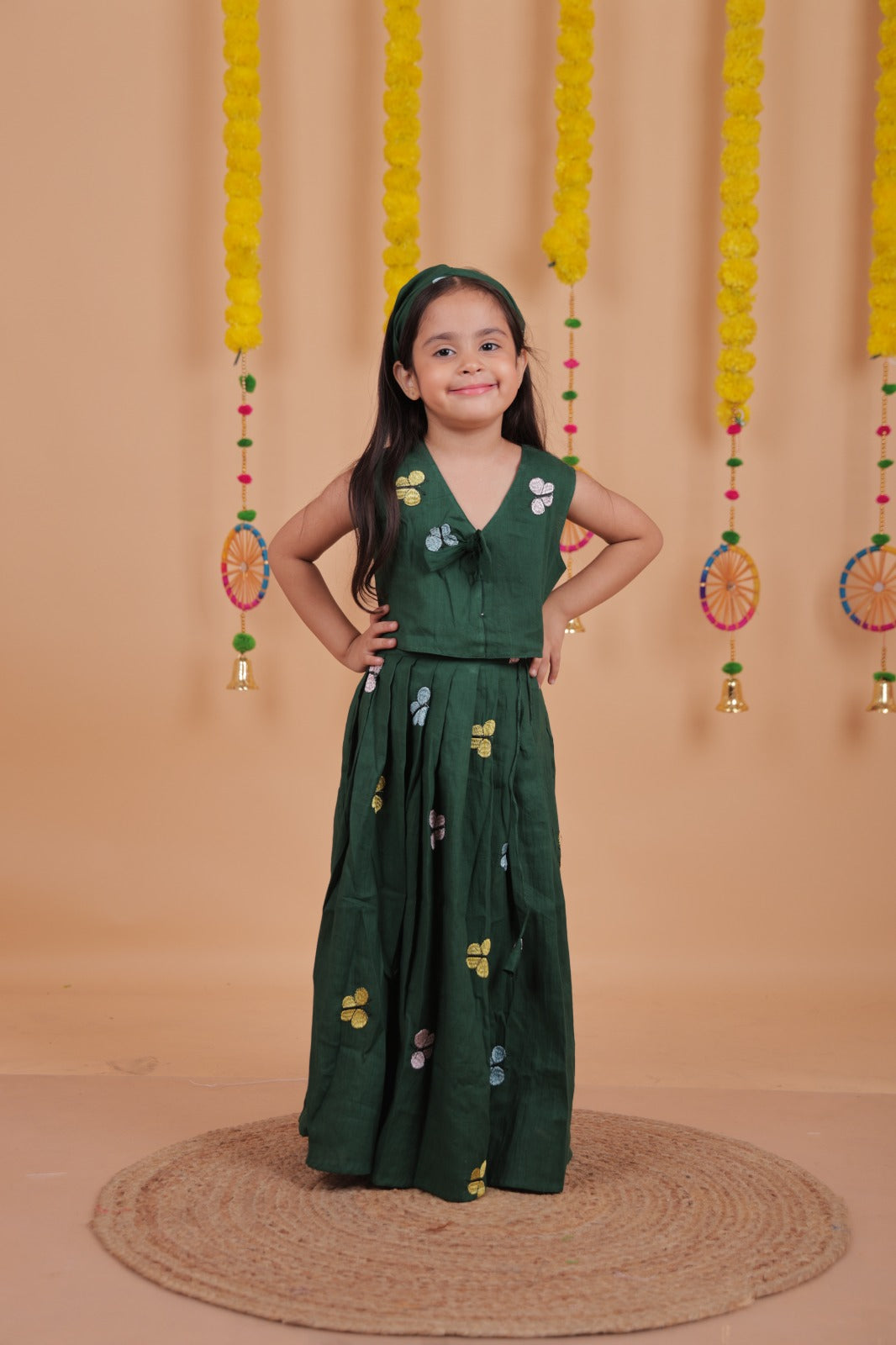 Girls Cotton Embroidered Sleeveless Top with Flared Skirt Set