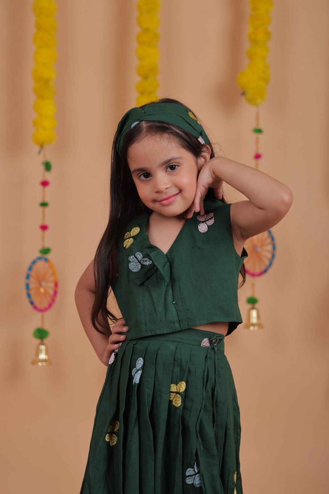Girls Cotton Embroidered Sleeveless Top with Flared Skirt Set