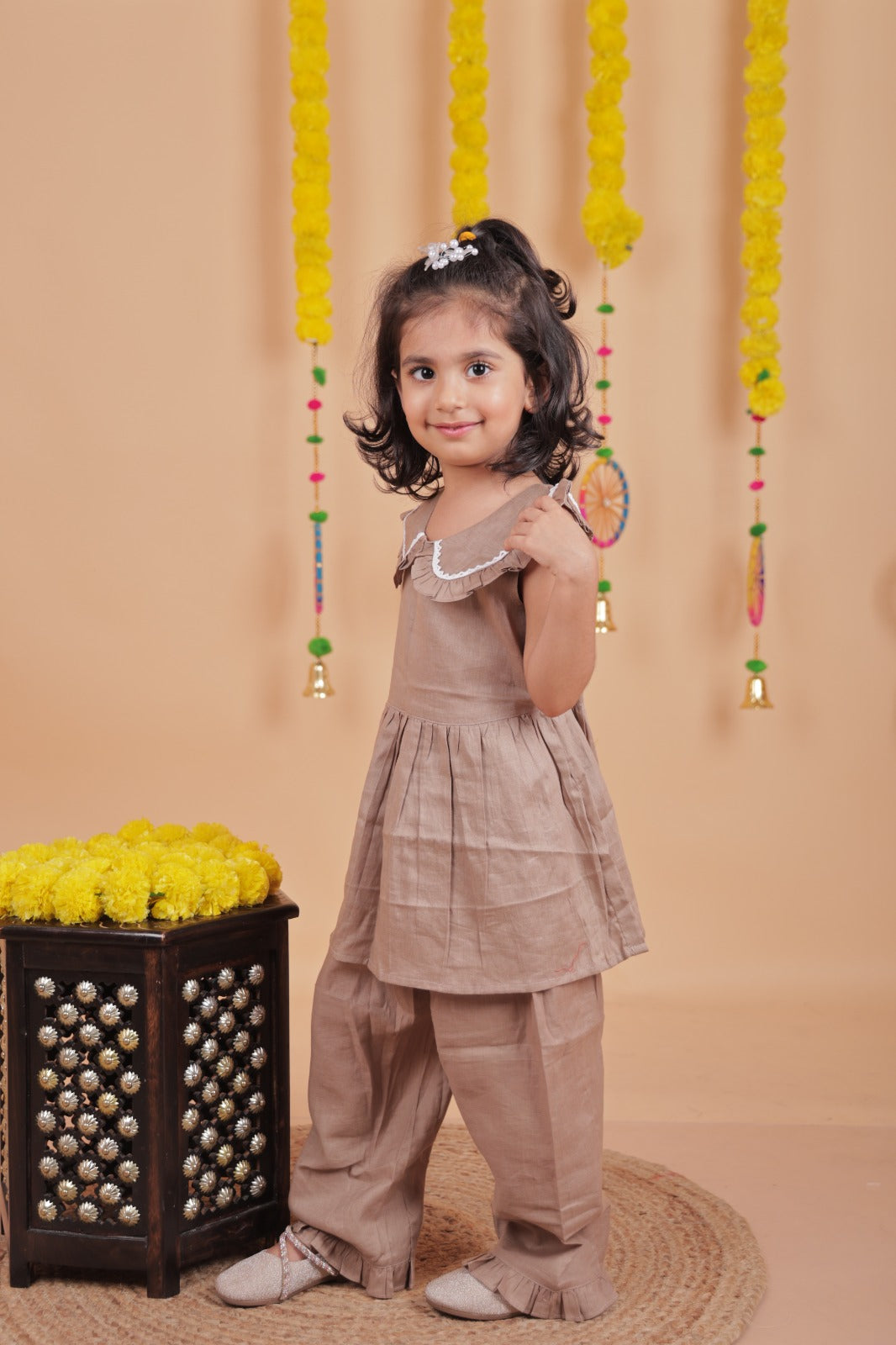 Unbind Pure Silk Beige Girls' Co-Ord Set – Frill Collar Top & Ruffled Pants