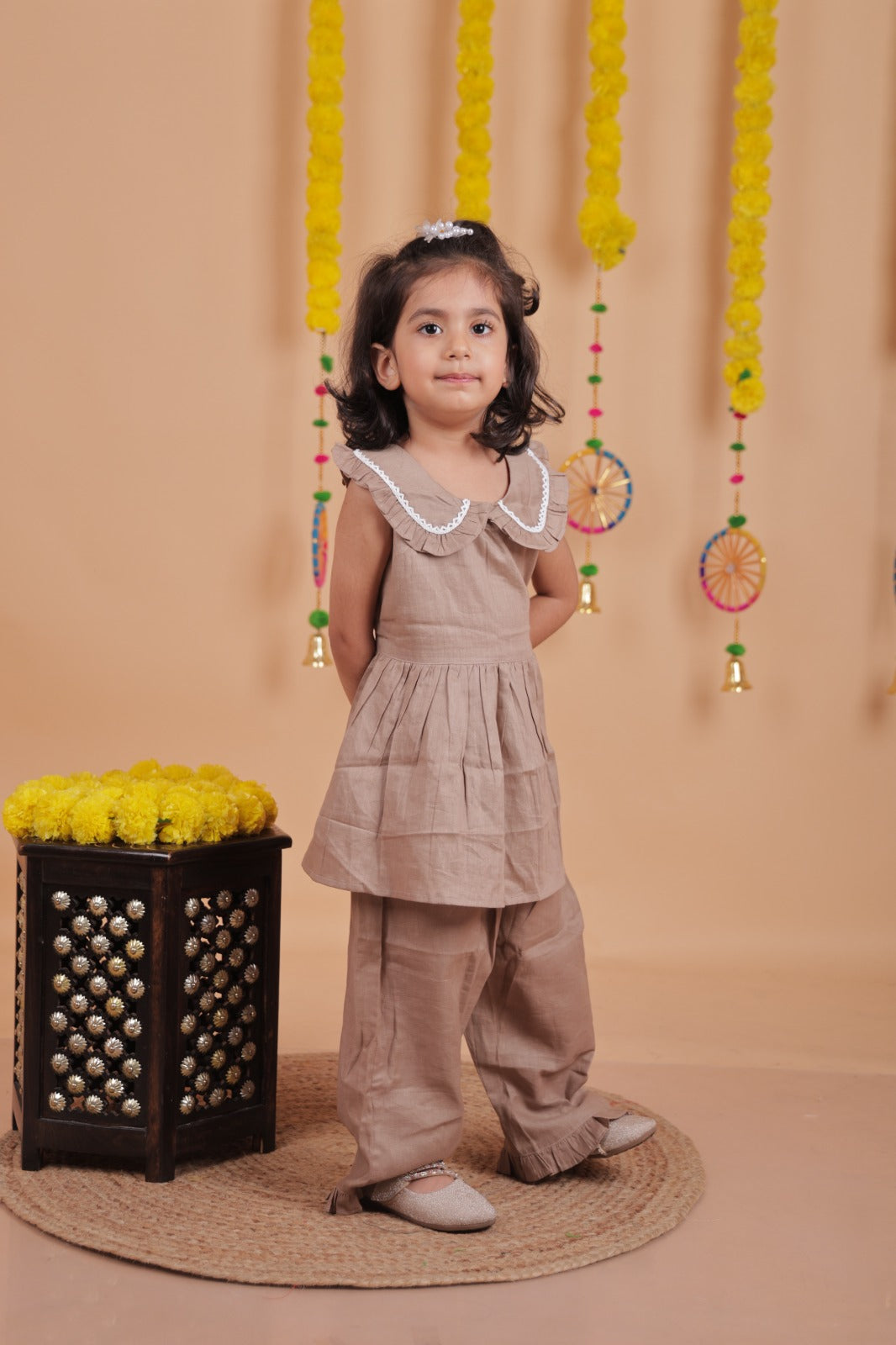 Unbind Pure Silk Beige Girls' Co-Ord Set – Frill Collar Top & Ruffled Pants