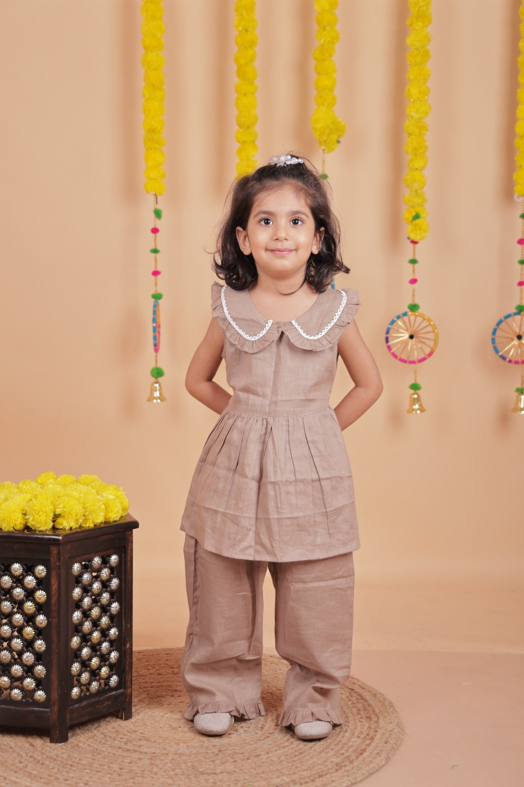 Unbind Pure Silk Beige Girls' Co-Ord Set – Frill Collar Top & Ruffled Pants